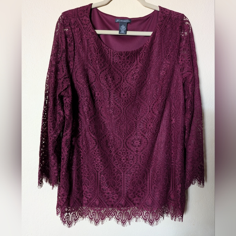 Adrianna Papell Red Lace 3/4 Sleeve Blouse